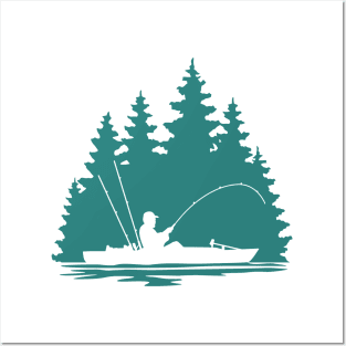 Kayak Fisherman Rural Forest Scene with Aqua Background Posters and Art